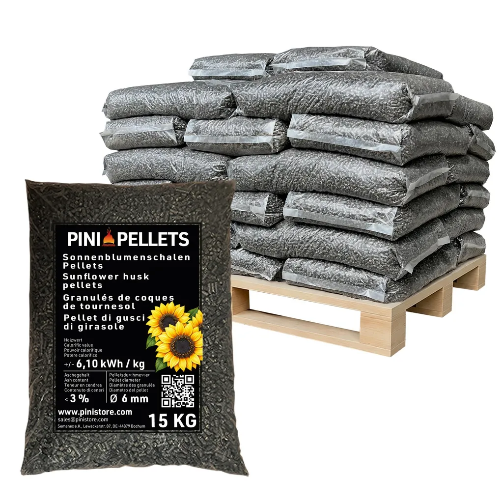 PINI Sonnenblumenschalen-Pellets 6 mm – Heizpellets, 480 kg pro Palette